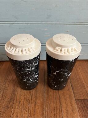 Vintage MCM Glass Black Marble Salt and Sugar Shaker Set with Plastic Lids